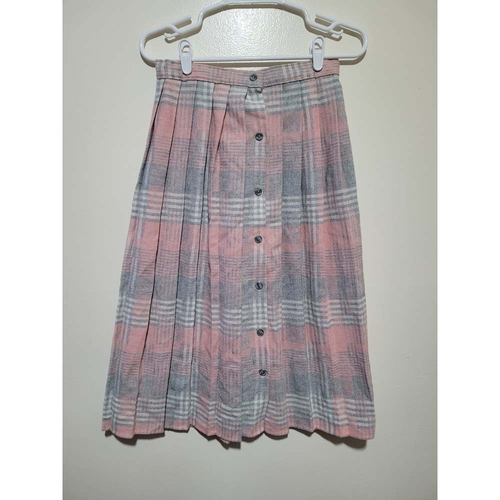 Chrisley Pleated‎ Midi Skirt Womens 14 Pink Grey Vintage Plaid Wool Blend
